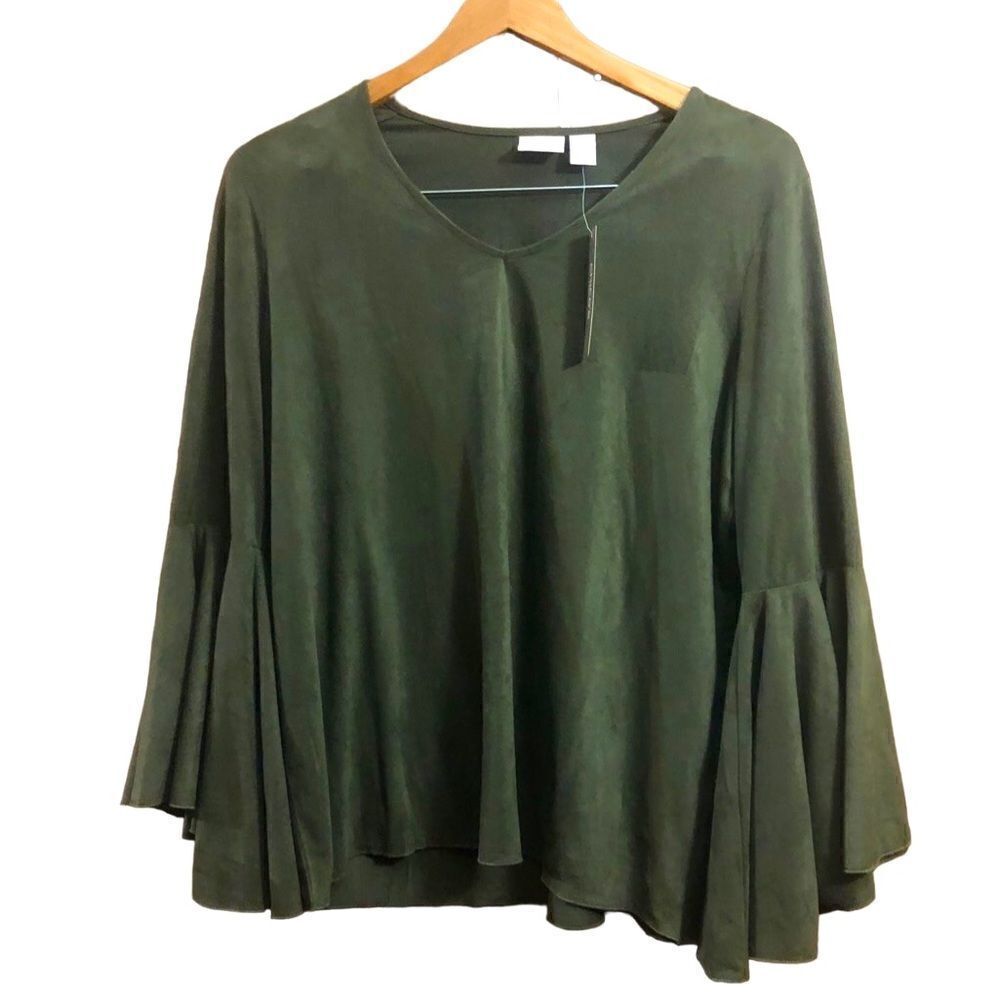 Chico’s Olive Green Faux Suede VNeck Bell Sleeves Bohemian Goth blouse Size 2